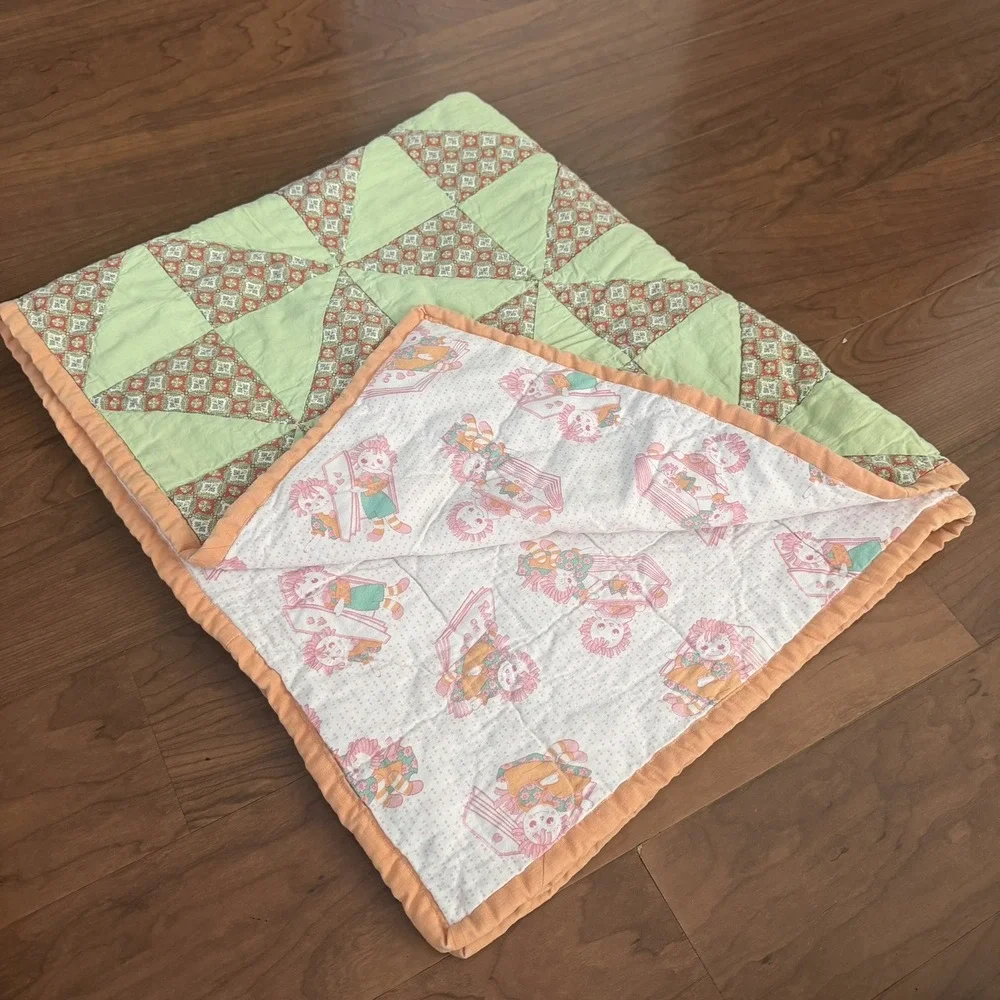 Vintage Throw Quilt Blanket Green Orange Raggedy Anne Cotton Patchwork 34